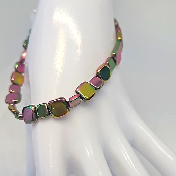 Hand Crafted Jewelry - Hematite Iridescent Flat Rectangle Rainbow Stepping Stone Bracelet With Toggle.